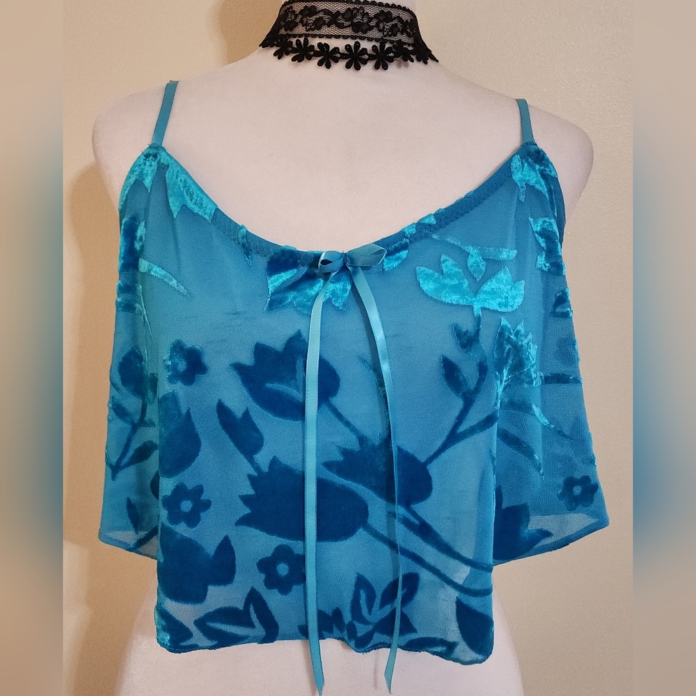 Rare Vintage Sexy Blue Floral Burnout Mesh Women's Cropped Camisole Tank
